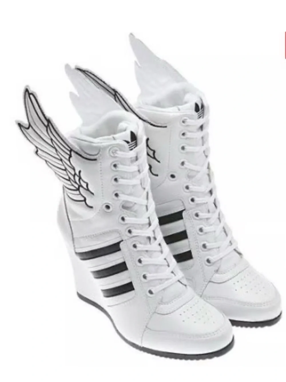 Jeremy Scott White Wedge Sneakers with Black and Gold Stripes and Wing Detail 10
